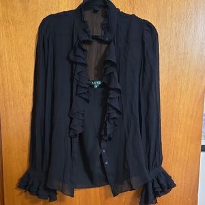 Lauren Ralph Lauren Black Ruffled Mandarin Collar Blouse